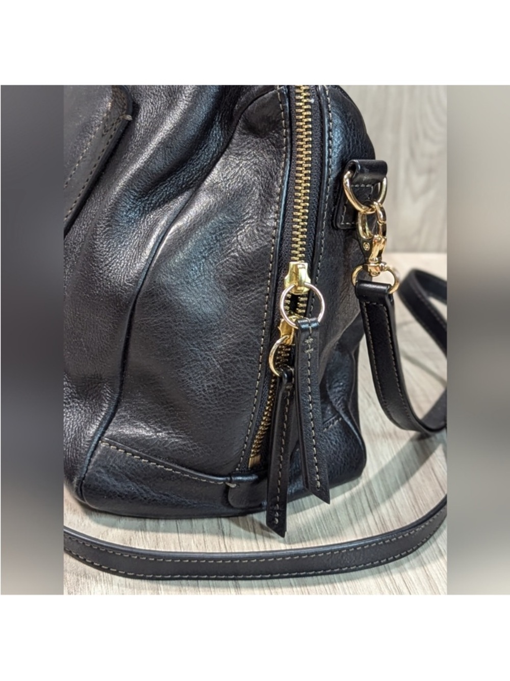 FOSSIL Sydney Black Pebbled Leather Satchel Purse Handbag Gold Hardware - Picture 7 of 14
